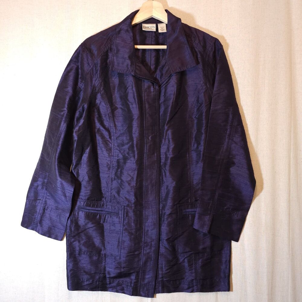 Chico's Electric Blue 100% Silk Dupioni Blazer Jacket Pocketed Tunic Length 1 S